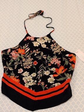 Sienna Sky Black Floral Halter Camisole with Red Accent
